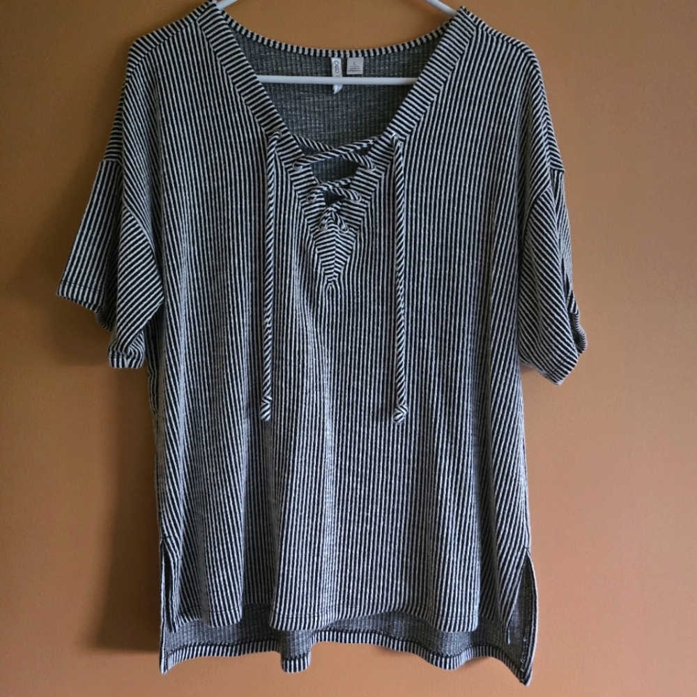 Cato Striped Ribbed Tie Top PTP=21"